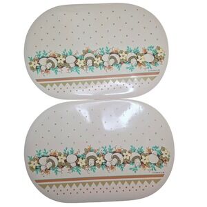 Vintage Franco Mushroom Placemats Set of 2 Retro 70s Floral Cream Oval Plastic